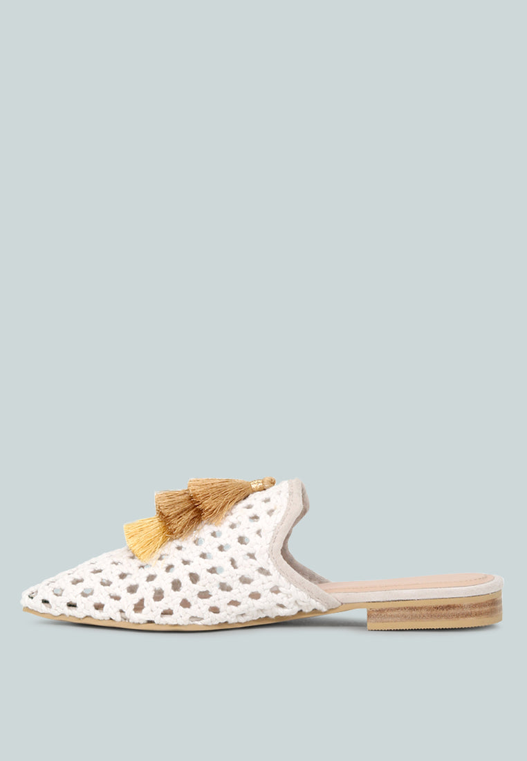 MIRIAM White Woven Metallic Tassel Flat Mules-White