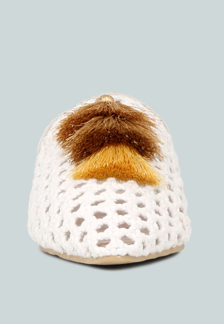 MIRIAM White Woven Metallic Tassel Flat Mules-White