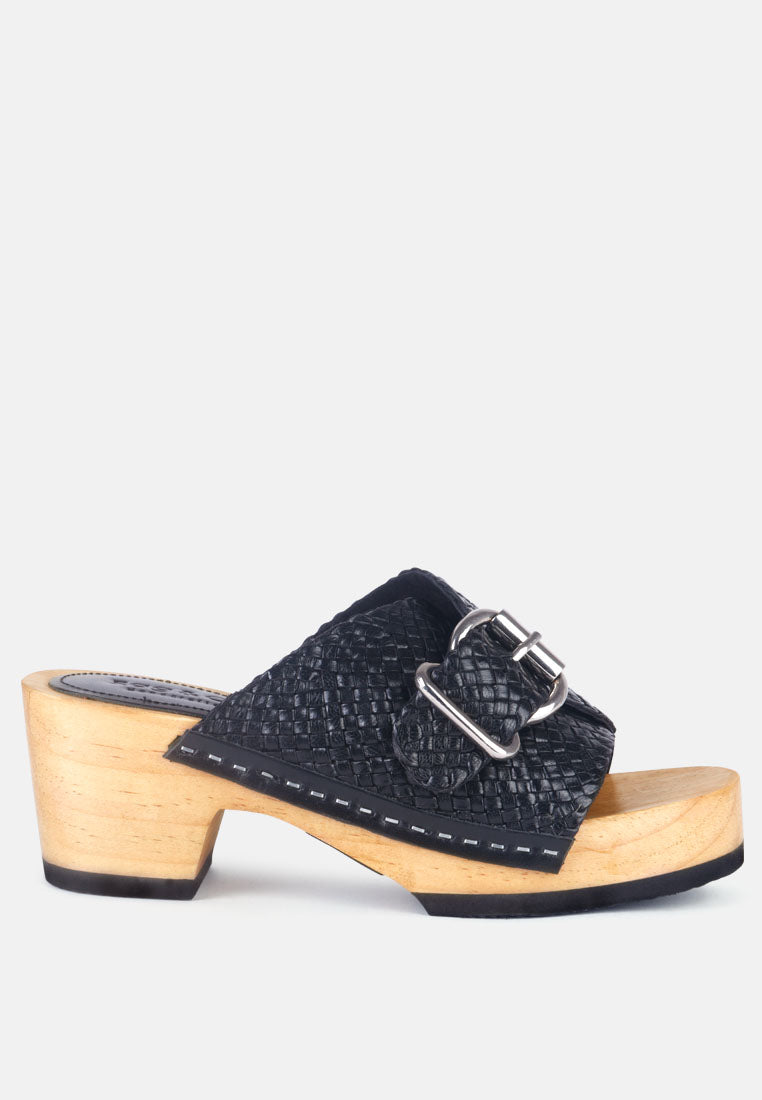 YORUBA Braided Black Leather Buckled Slide Clogs-Black