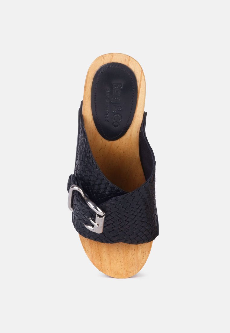 YORUBA Braided Black Leather Buckled Slide Clogs-Black