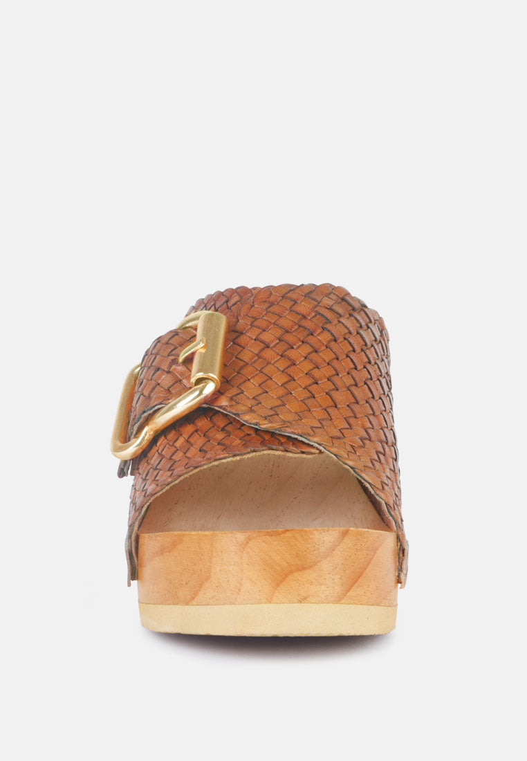 YORUBA Braided Tan Leather Buckled Slide Clogs-Tan