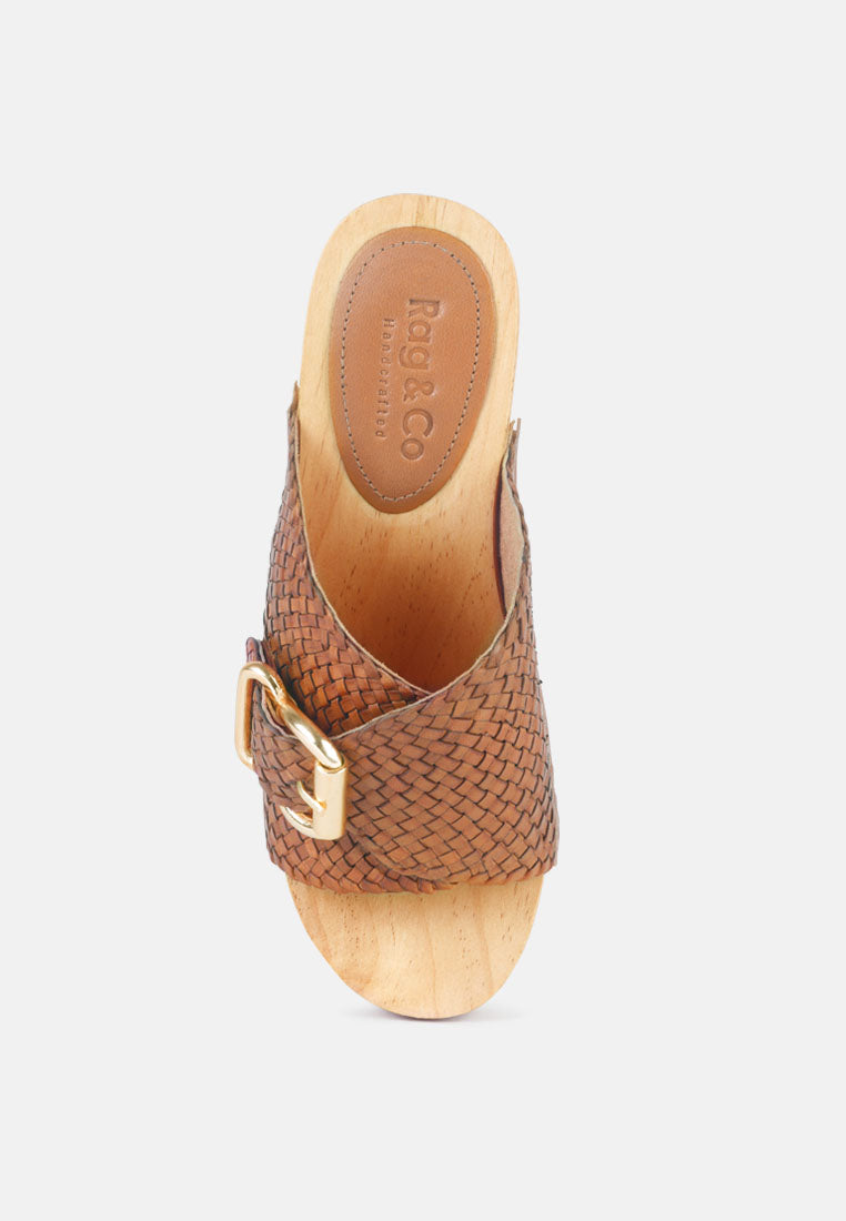 YORUBA Braided Tan Leather Buckled Slide Clogs-Tan