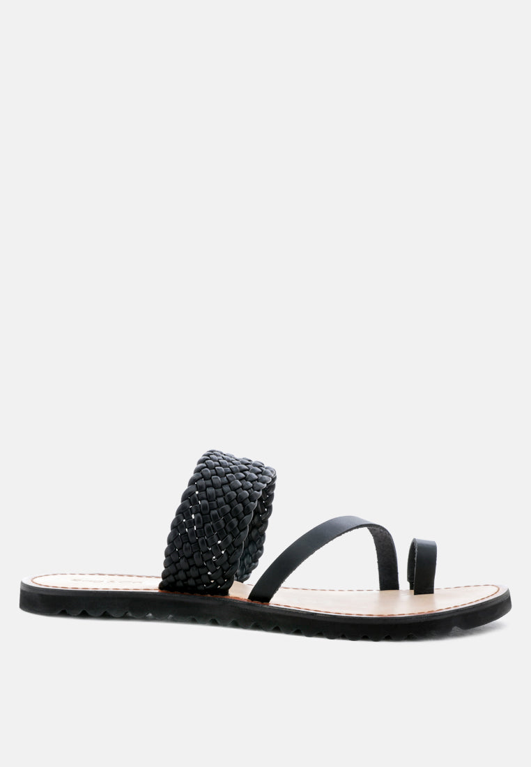 ZINA Black Braided Leather Flat Sandal-Black