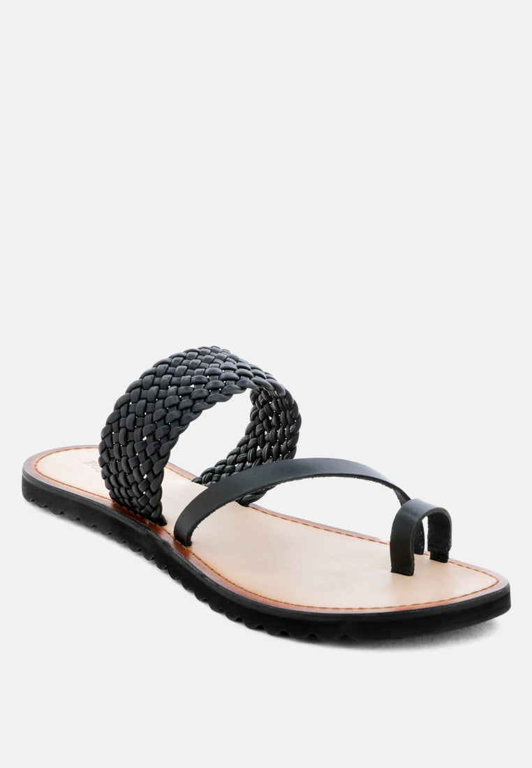 ZINA Black Braided Leather Flat Sandal-Black