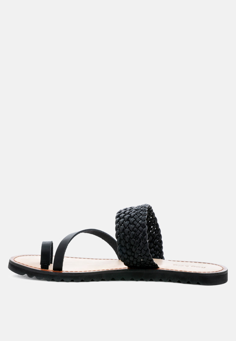 ZINA Black Braided Leather Flat Sandal-Black
