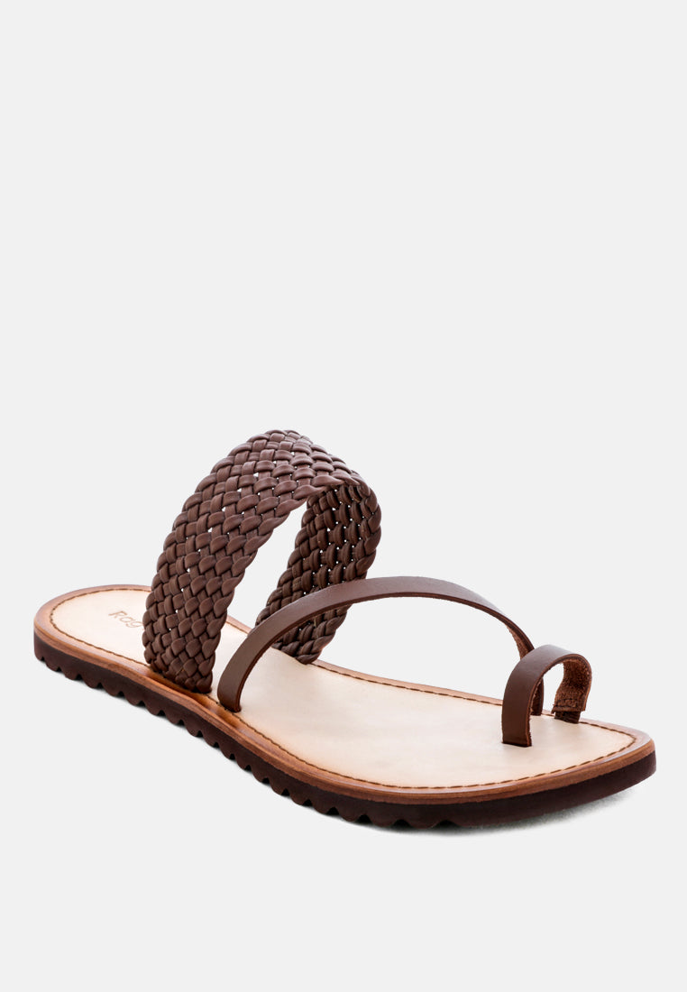 ZINA Brown Braided Leather Flat Sandal-Brown
