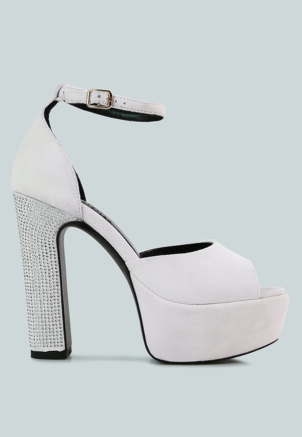 BEATY White Studded Suede High Block Heeled Sandals_White