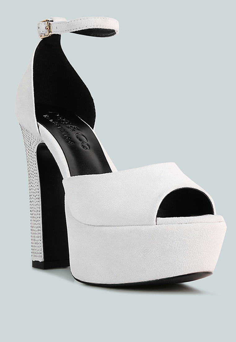 BEATY White Studded Suede High Block Heeled Sandals_White