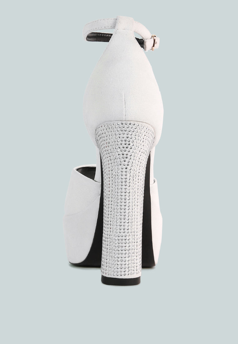 BEATY White Studded Suede High Block Heeled Sandals_White