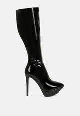 CHATTON Black Patent Stiletto Heeled Knee high Boots#color_black