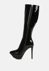 CHATTON Black Patent Stiletto Heeled Knee high Boots#color_black