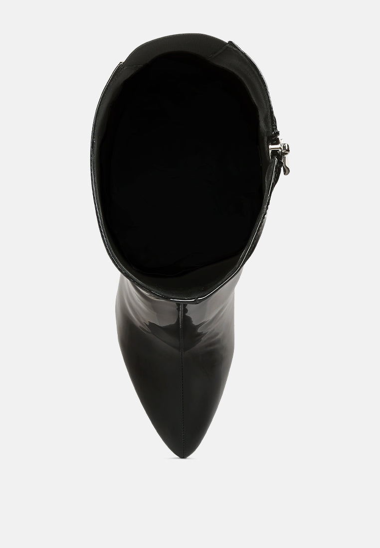 CHATTON Black Patent Stiletto Heeled Knee high Boots#color_black