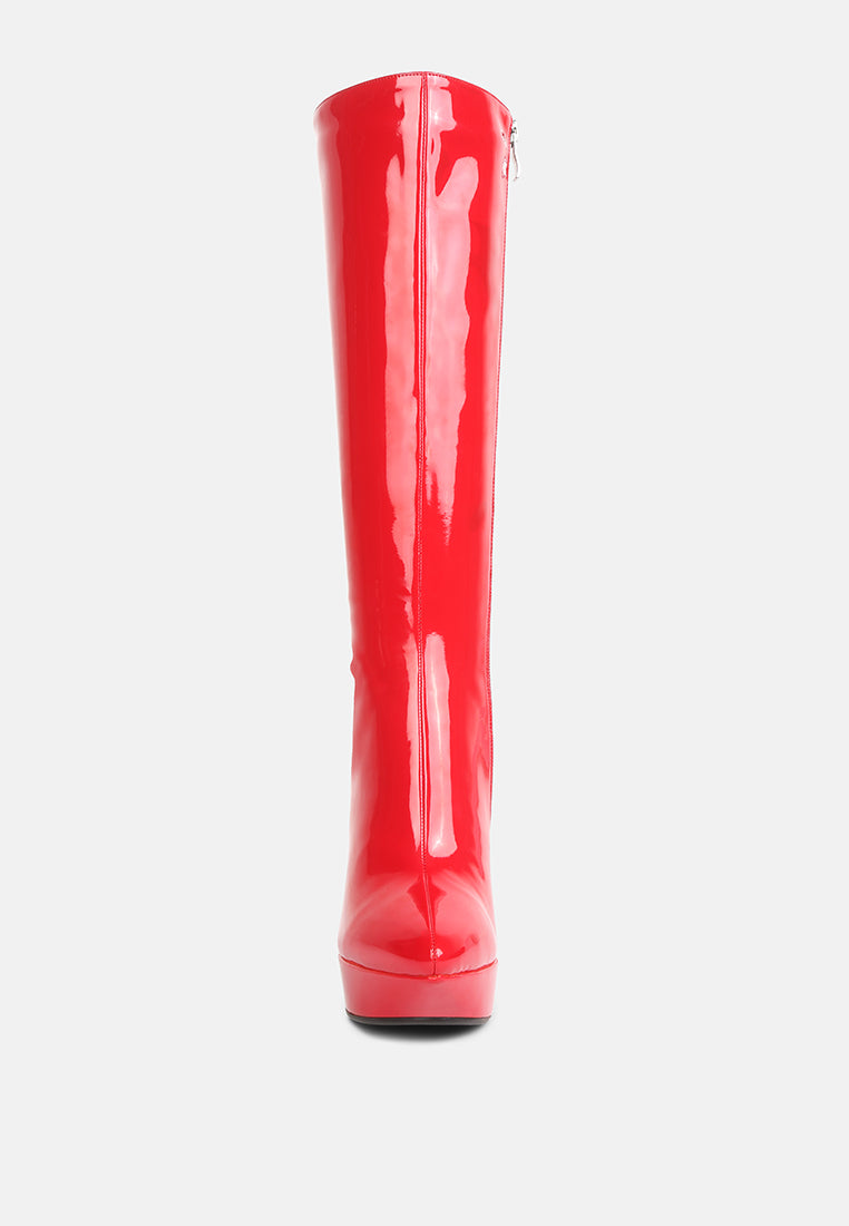 CHATTON Red Patent Stiletto Heeled Knee high Boots#color_red