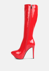 CHATTON Red Patent Stiletto Heeled Knee high Boots#color_red