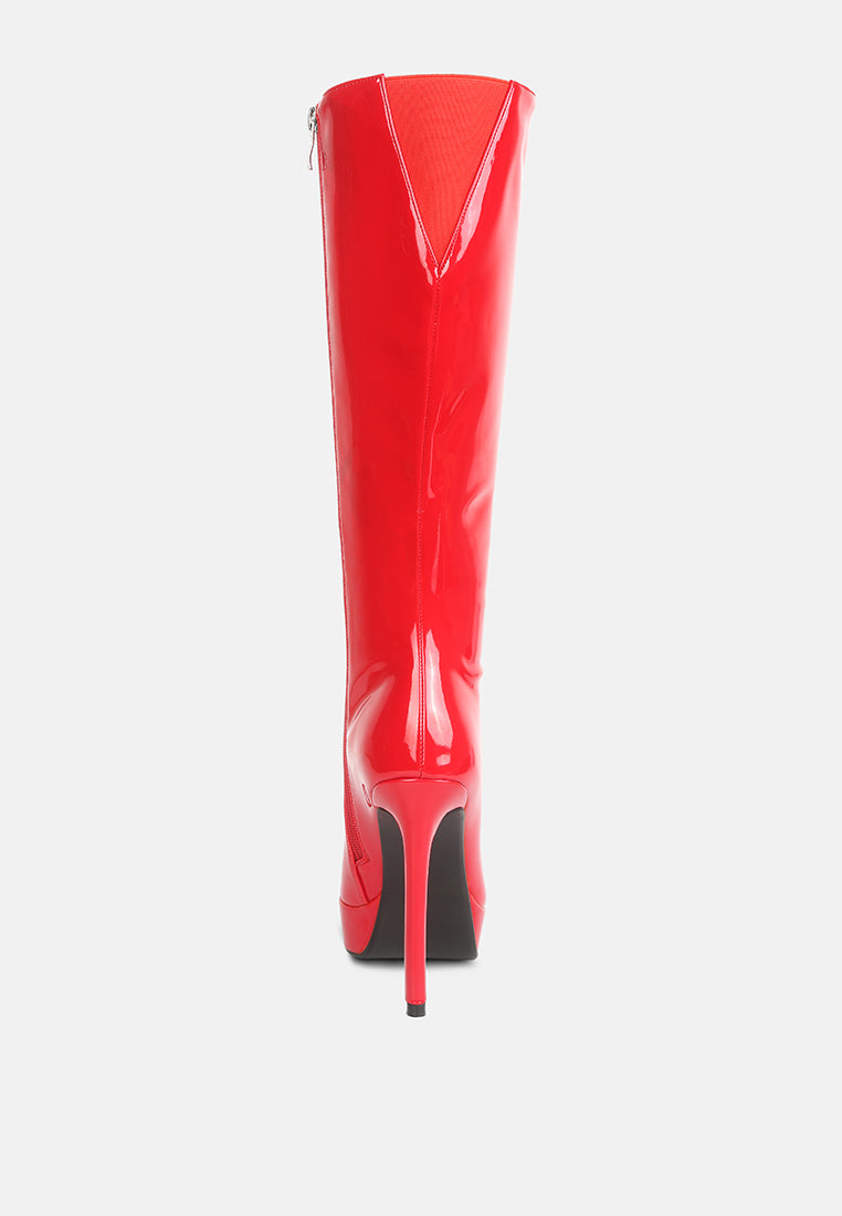 CHATTON Red Patent Stiletto Heeled Knee high Boots#color_red