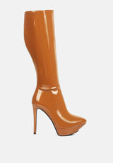 CHATTON Tan Patent Stiletto Heeled Knee high Boots#color_tan