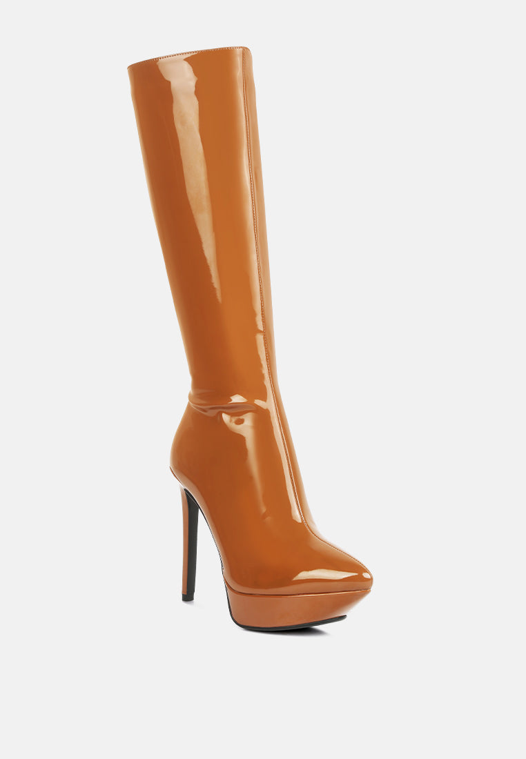 CHATTON Tan Patent Stiletto Heeled Knee high Boots#color_tan