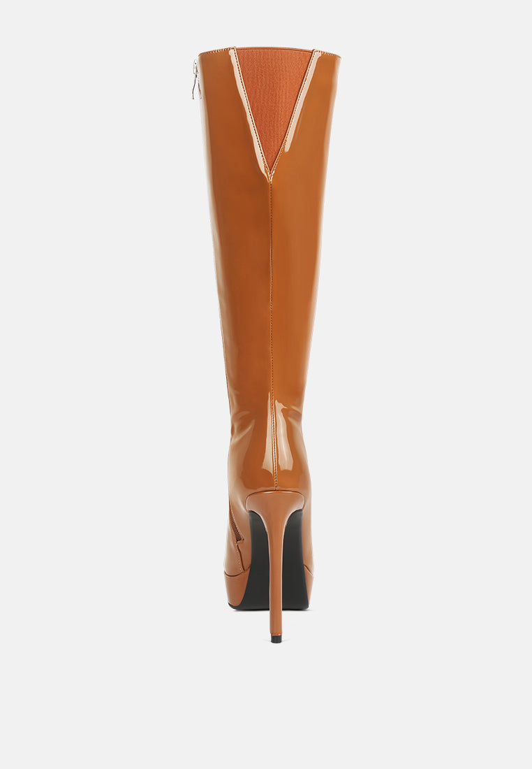 CHATTON Tan Patent Stiletto Heeled Knee high Boots#color_tan