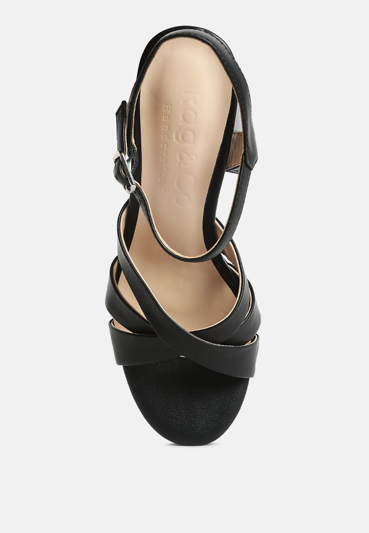 de vil crisscross straps slim block heel sandals in Black#color_black