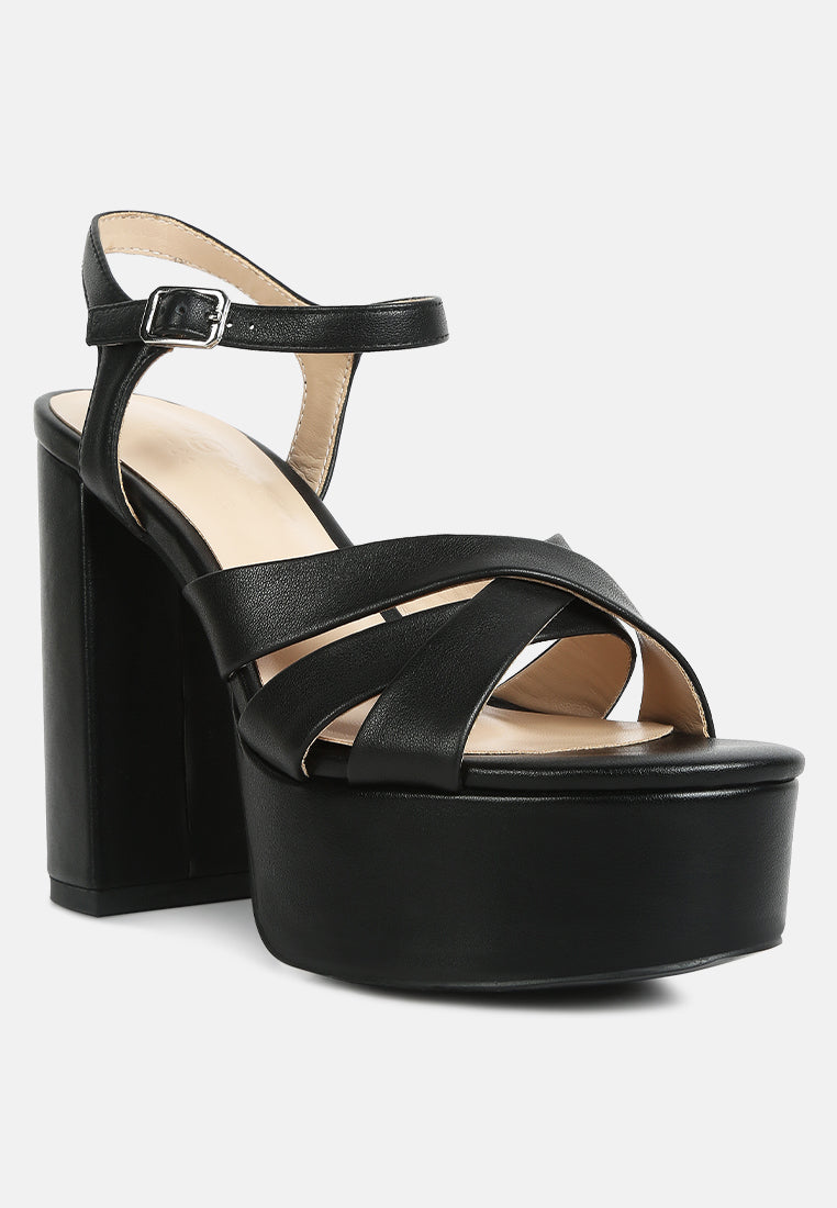 de vil crisscross straps slim block heel sandals in Black#color_black