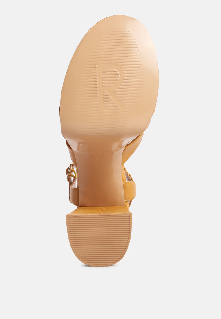 de vil crisscross straps slim block heel sandals in Tan#color_tan