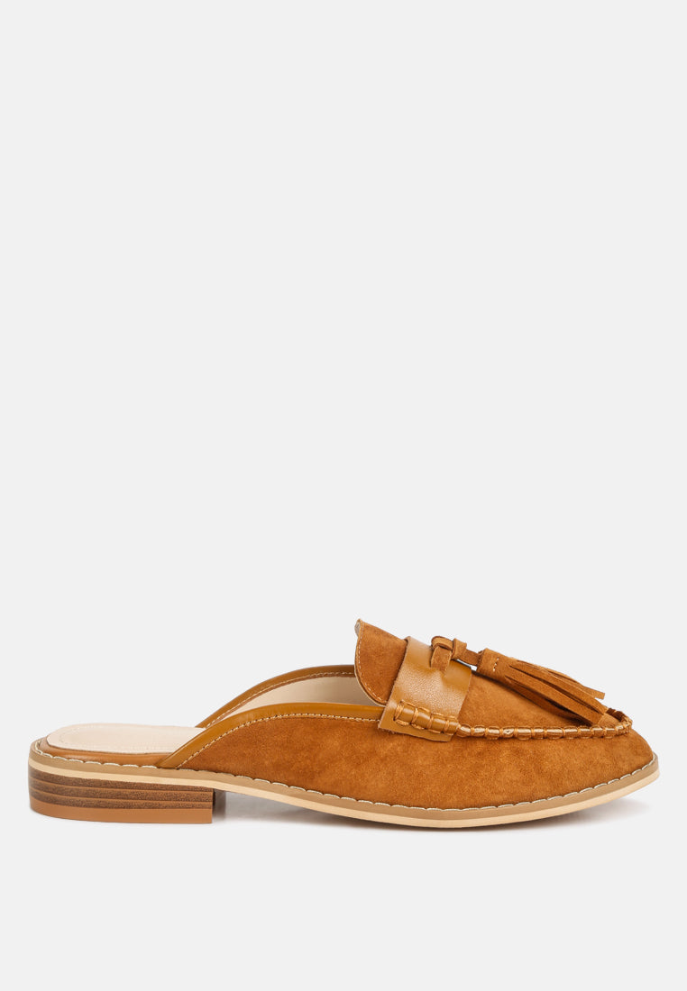 EDMANDA Tassle Detail Leather Mules in Light-Tan