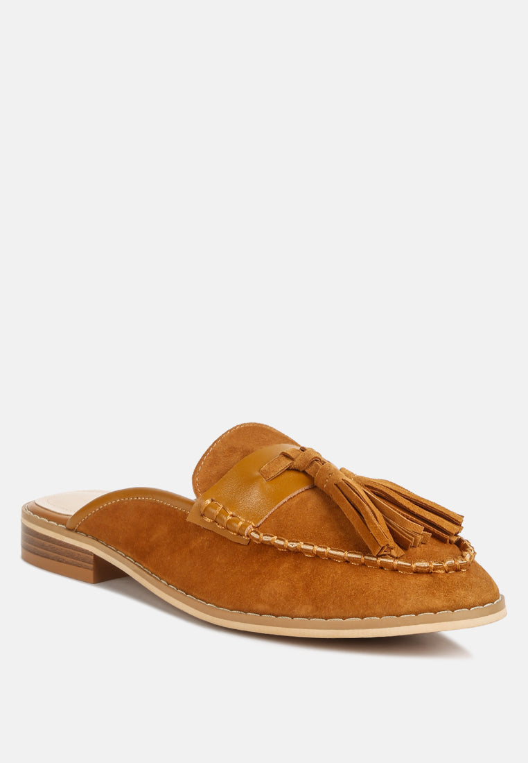 EDMANDA Tassle Detail Leather Mules in Light-Tan