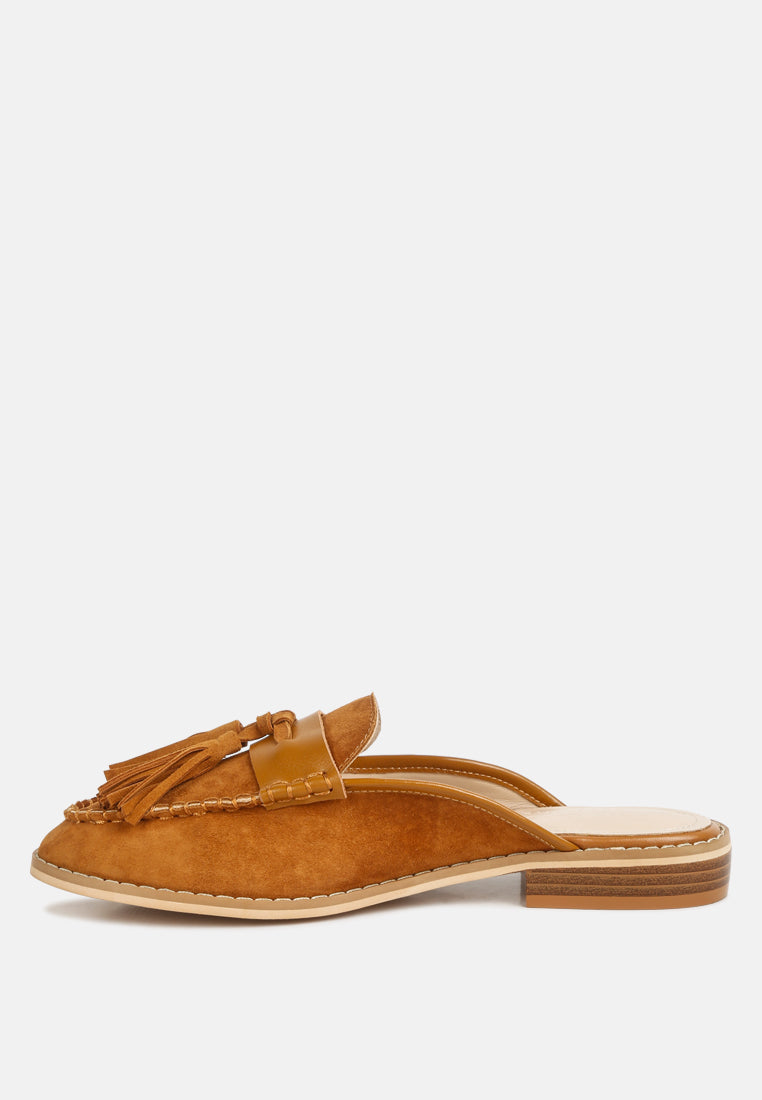 EDMANDA Tassle Detail Leather Mules in Light-Tan