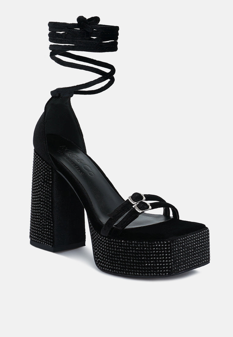 firecrown black high platform diamante lace up sandals#color_black