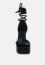 firecrown black high platform diamante lace up sandals#color_black