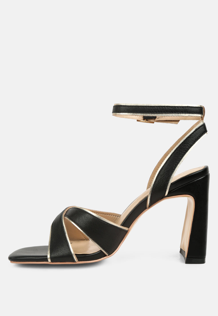 HEERI Black Metallic Lined Slim Block Heel Sandals#color_black