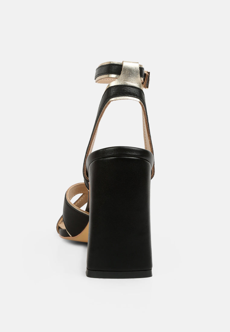 HEERI Black Metallic Lined Slim Block Heel Sandals#color_black