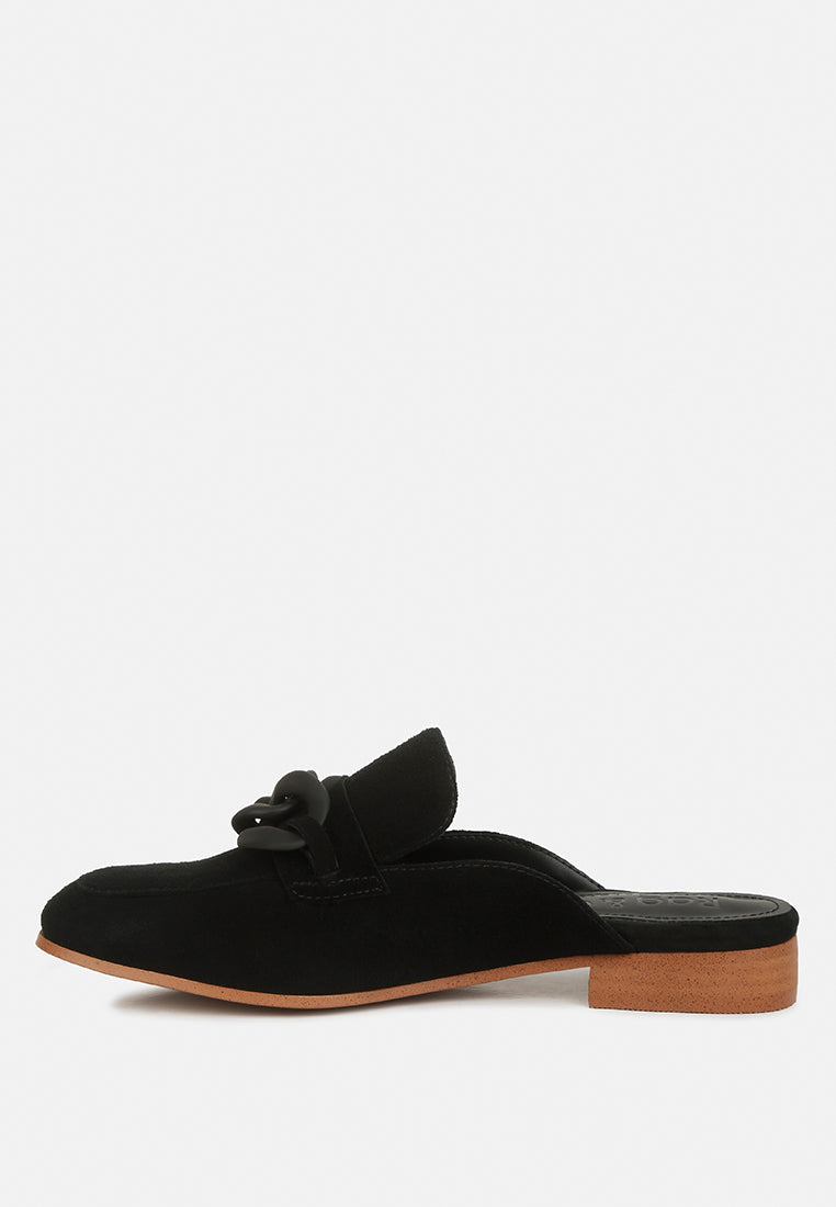 KRIZIA Chunky Chain Suede Slip On Loafers#color_black