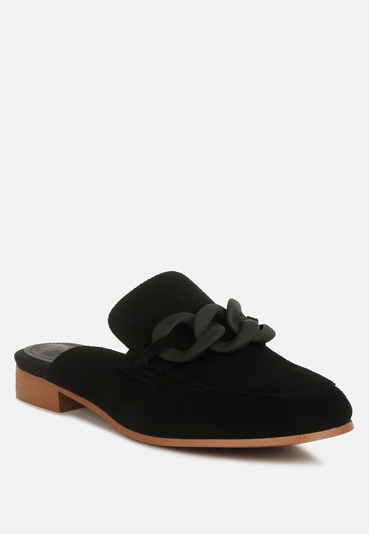 KRIZIA Chunky Chain Suede Slip On Loafers#color_black