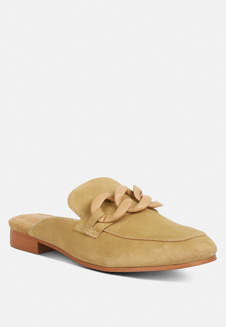 KRIZIA Chunky Chain Suede Slip On Loafers in Sand#color_sand