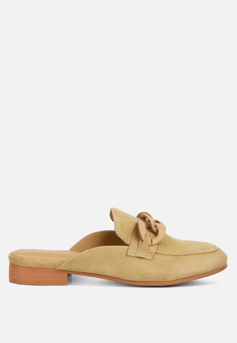 KRIZIA Chunky Chain Suede Slip On Loafers in Sand#color_sand