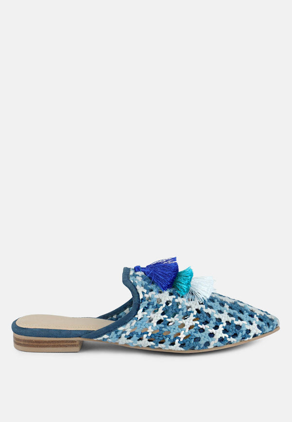 MARIANA Blue Woven Flat Mules With Tassels#color_blue