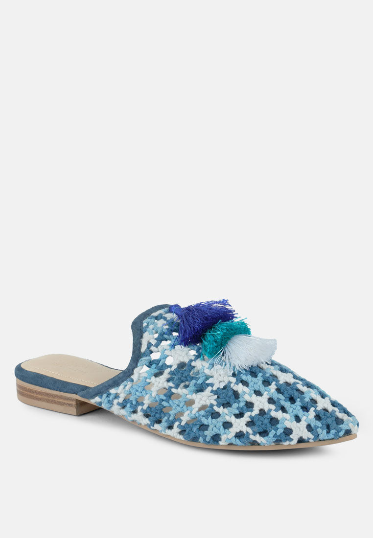 MARIANA Blue Woven Flat Mules With Tassels#color_blue