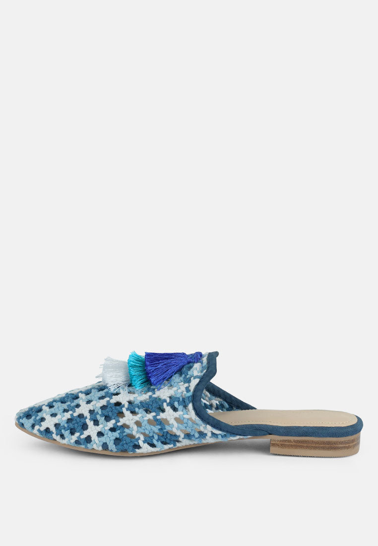 MARIANA Blue Woven Flat Mules With Tassels#color_blue