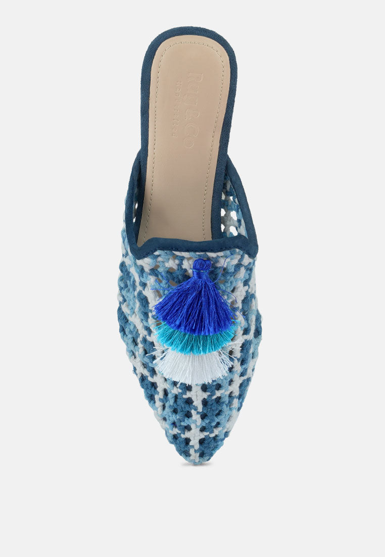 MARIANA Blue Woven Flat Mules With Tassels#color_blue