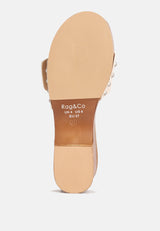 MIINDY Buckle Strap Leather Slip Ons in beige#color_Beige