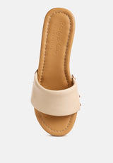 MINNY Textured Heel Leather Slip On Sandals in Beige#Color_Beige