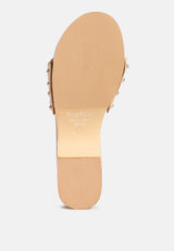 MINNY Textured Heel Leather Slip On Sandals in Beige#Color_Beige