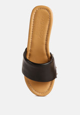 MINNY Textured Heel Leather Slip On Sandals in Black#color_black