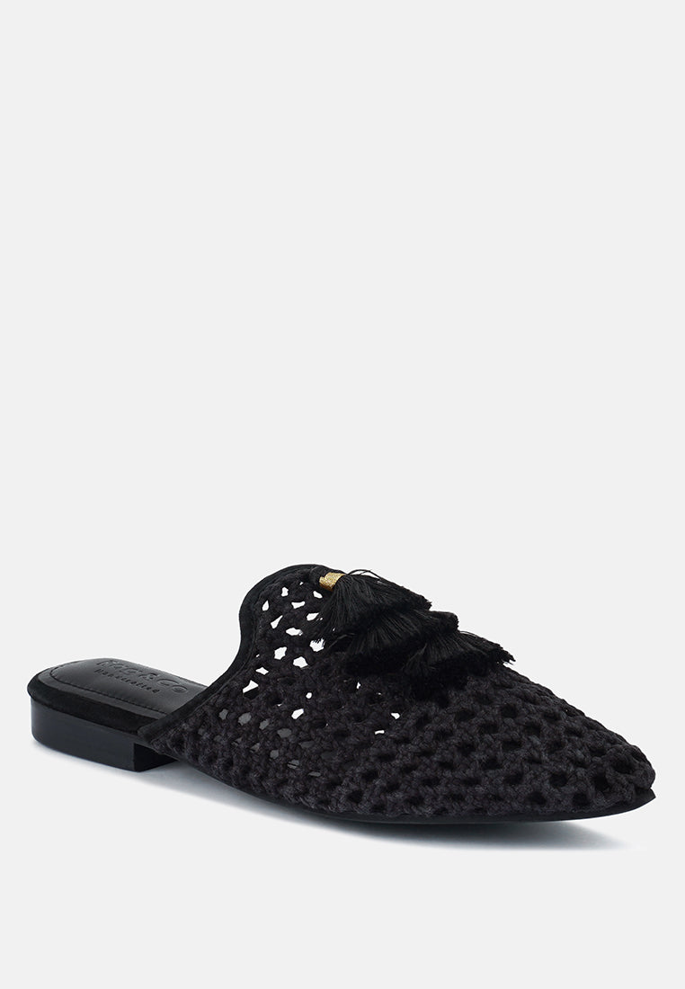MIRIAM Black Woven Metallic Tassel Flat Mules#color_Black