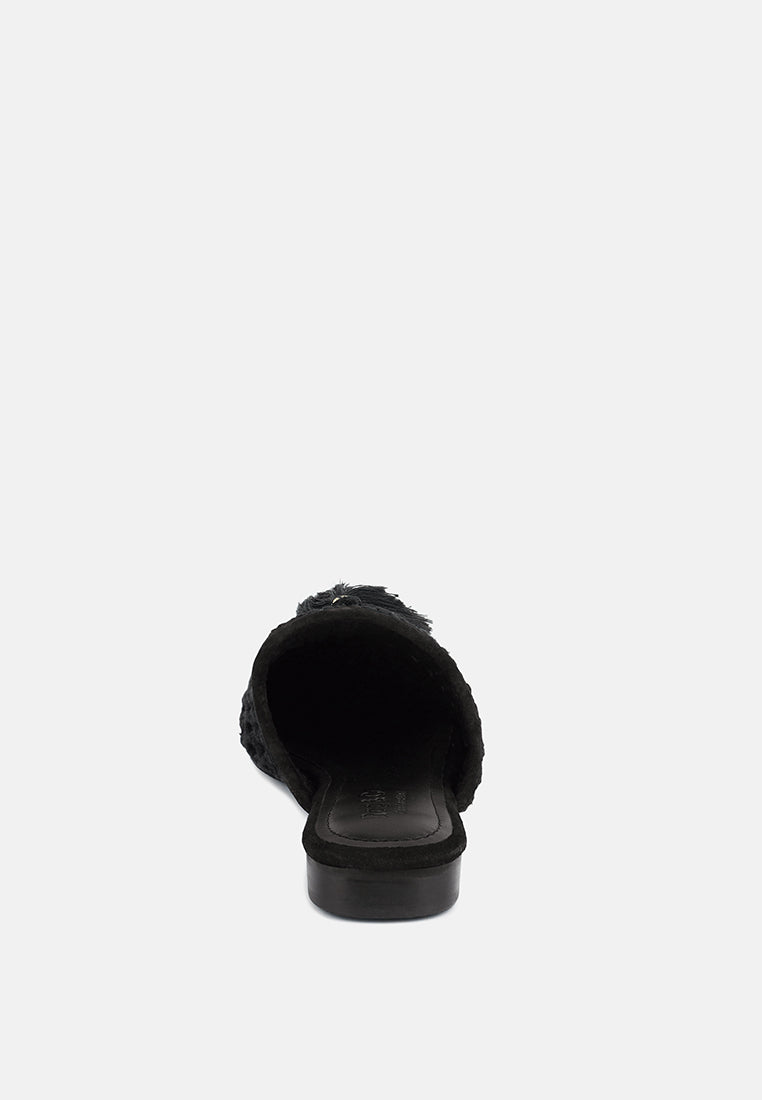 MIRIAM Black Woven Metallic Tassel Flat Mules#color_Black