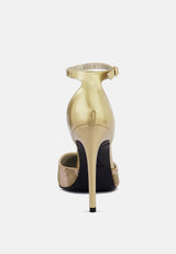 NOBLES Gold High Heeled Patent Diamante Sandals_Gold