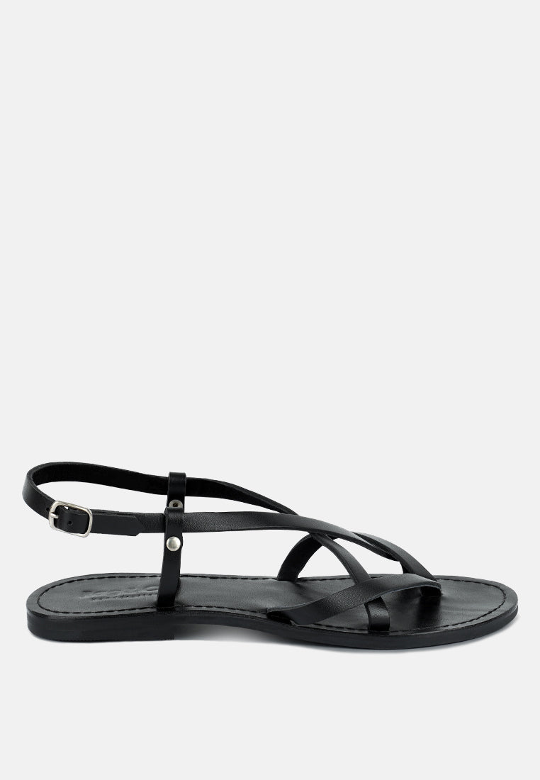 RITA Black Strappy Flat Leather Sandals#color_black