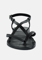 RITA Black Strappy Flat Leather Sandals#color_black