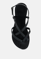 RITA Black Strappy Flat Leather Sandals#color_black